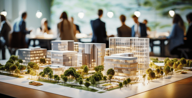 A scale model of a commercial real estate development.