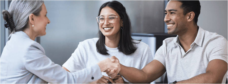 Happy, man and woman shaking hands of broker for loan