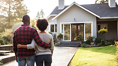 New homeowners standing in front of a house