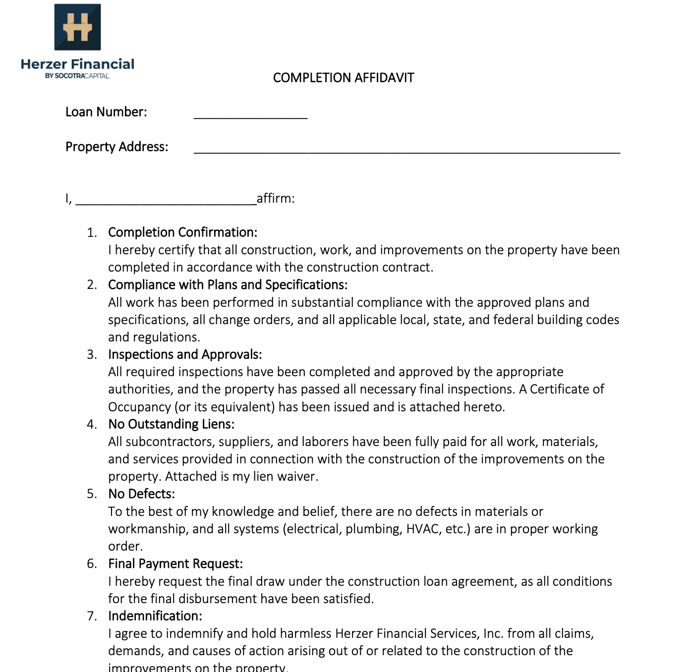 Construction Completion Affidavit