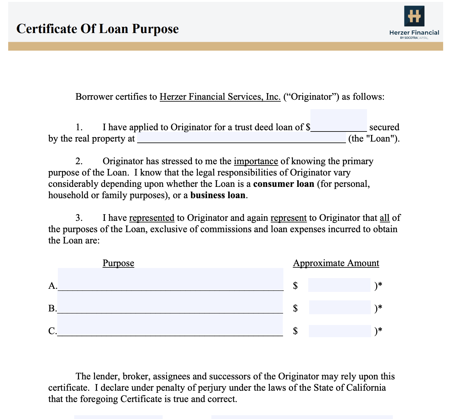 Certificate of Loan Purpose