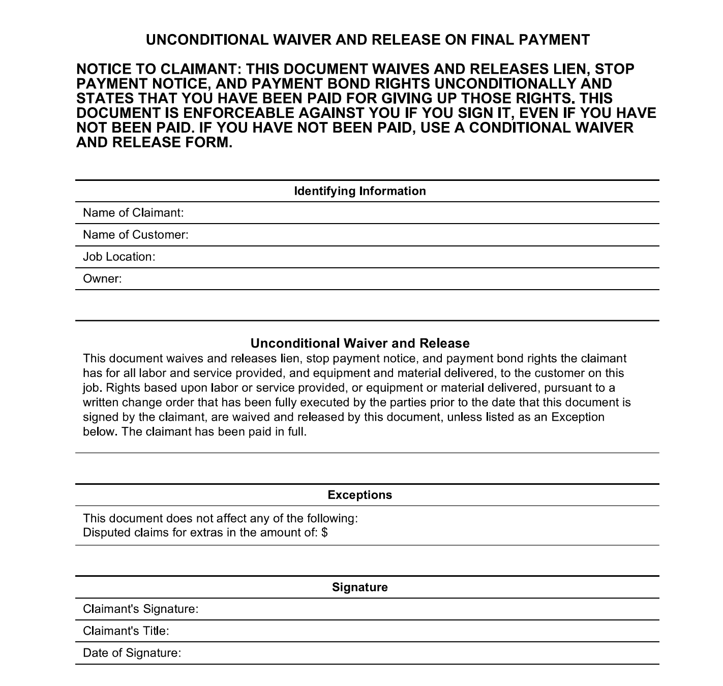 Unconditional Waiver on Final Payment