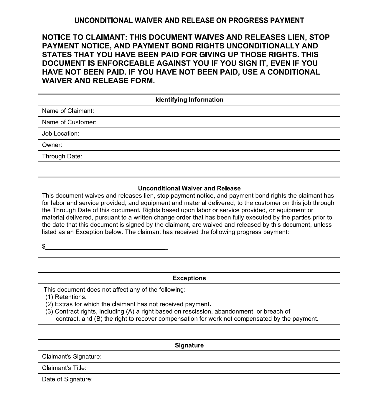 Unconditional Waiver on Progress Payments